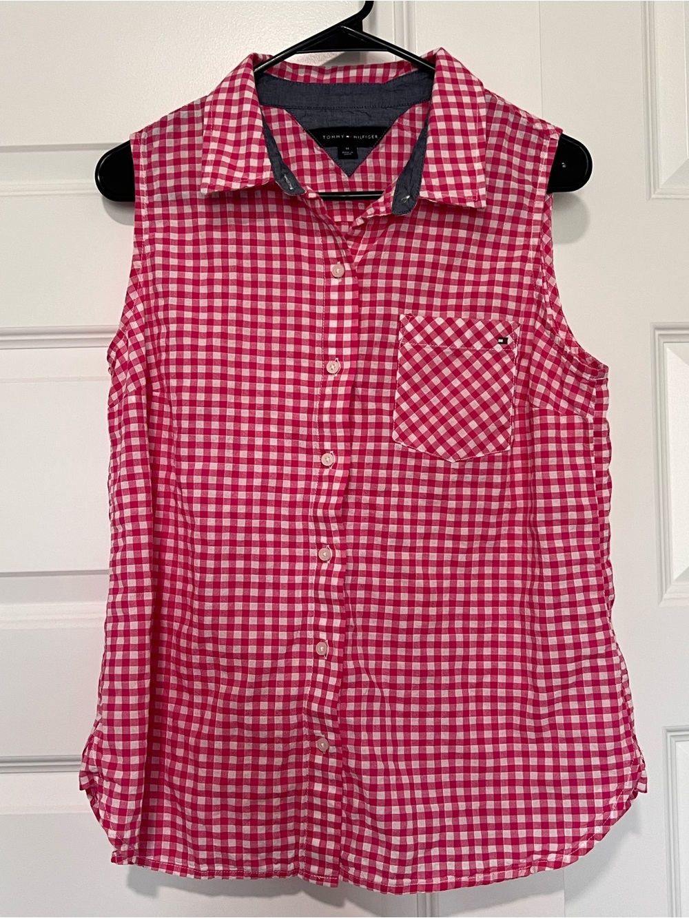 Tommy Hilfiger Women’s M Pink/White Gingham Sleeveless Button-Up w/ Pockets